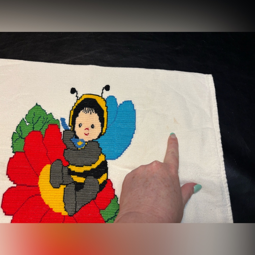 Vintage Handmade Needlepoint Pillow Cover Bee Child on Flower - Picture 5 of 8